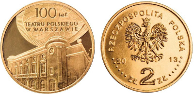 Польша 2 злотых 2013 MW, 100 лет польскому театру в Варшаве KM 854 нордик UNC 4514-225