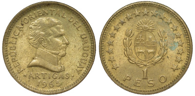 Уругвай 1 песо 1965 KM 46 алюминиевая бронза 190-1153