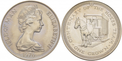 Остров Мэн 1 крона 1976 100 лет конному трамваю KM 38а серебро UNC 11-173-22