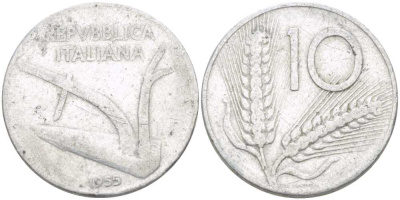 ИТАЛИЯ 10 ЛИР 1955 R, ПЛУГ, КОЛОСЬЯ KM 93 алюминий 175-355