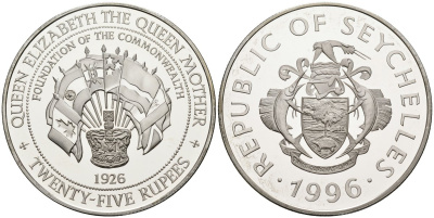 Сейшельские острова 25 рупий 1996 серия королева Елизавета-королева мать, основание Британского содружества KM 88 серебро PROOF 1078-3-61