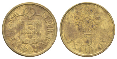 Португалия 5 эскудо 1990 KM 632 никель латунь 4611-921