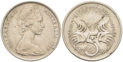 АВСТРАЛИЯ 5 ЦЕНТОВ 1966 ЕЛИЗАВЕТА II (1952-) МОЛОДОЙ ПОРТРЕТ, ЕХИДНА KM 64 медно-никель 4516-647