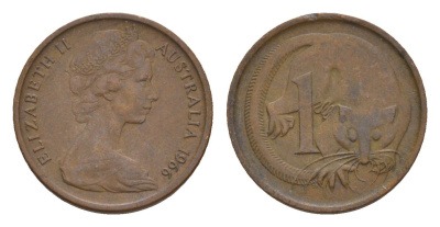 Австралия 1 цент 1966 Елизавета II (1952-2022), молодой портрет, опоссум KM 62 бронза 4655-1163