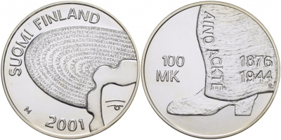 Финляндия 100 марок 2001 Айно Акте (1876-1944), оперная певица KM 97 серебро UNC 1069-10-21