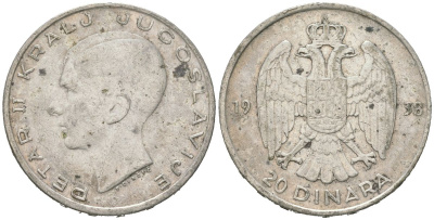Югославия 20 динаров 1938 Петр II (1934-1945) KM 23 серебро 4182-755