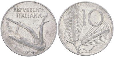 Италия 10 лир 1954 R, колосья KM 93 алюминий 4159-615