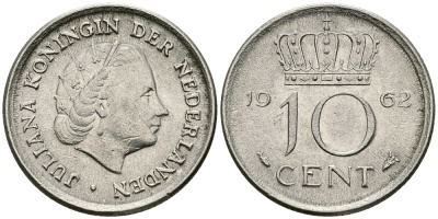 НИДЕРЛАНДЫ 10 ЦЕНТОВ 1962 ЮЛИАНА KM 182 никель 96-417