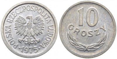 ПОЛЬША 10 ГРОШЕЙ 1975 MW KM АА47 алюминий UNC 105-551