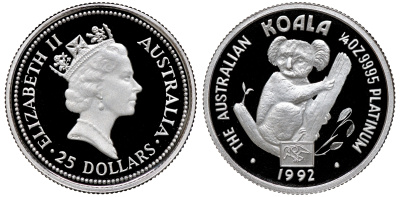 Австралия набор из 3 монет 1 доллар, 25 долларов, 25 долларов 1992 животные Австралии, тираж 750 экз № 0431 серебро, золото, платина 4-3-5-28