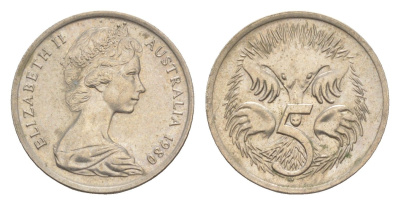 Австралия 5 центов 1980 Елизавета II (1952-2022) молодой портрет, ехидна KM 64 медно-никель UNC 4152-448