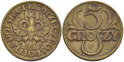Польша 5 грошей 1923 w KM 10, Parchimowicz 103a латунь 4564-1055
