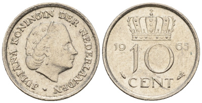 Нидерланды 10 центов 1965 Юлиана (1949-1980) KM 182 никель 220-542