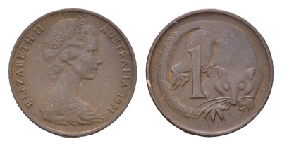 Австралия 1 цент 1971 Елизавета II (1952-2022), молодой портрет, опоссум KM 62 бронза 4669-559