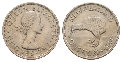 Новая Зеландия 2 шиллинга (флорин) 1964 Елизавета II (1952-2022), птичка киви KM 28.2 медно-никель UNC 4657-1222