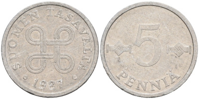 ФИНЛЯНДИЯ 5 ПЕННИ 1987 KM 45а алюминий 192-1232