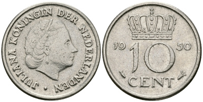 НИДЕРЛАНДЫ 10 ЦЕНТОВ 1950 ЮЛИАНА KM 182 никель 96-427