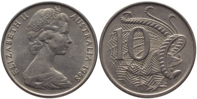 Австралия 10 центов 1968 Елизавета II (1952-), птица лирахвост KM 65 медно-никель 3334-717