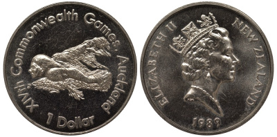 Новая Зеландия 1 доллар 1989 XIV Игры Содружества наций, плавание, Елизавета II (1952-2022) KM 69 медно-никель UNC 4537-211