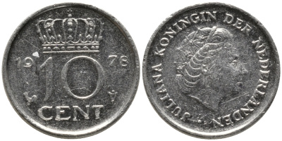 Нидерланды 10 центов 1978 Юлиана (1948-1980) КМ 182 никель 4609-456