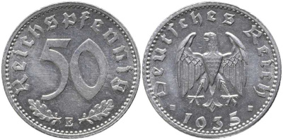 Германия 50 рейхспфеннигов 1935 E J. 368, KM 87 алюминий  UNC  413-1724