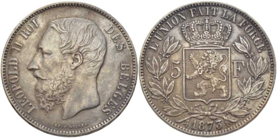 Бельгия 5 франков 1873 Леопольд II (1865-1909), позиция А KM 24 серебро 5010-932