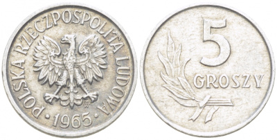 Польша 5 грошей 1965 MW, Народная Республика KM А46, Parchimowicz 204g алюминий 3309-319