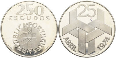 Португалия 250 эскудо 1976 Революция гвоздик 25 апреля 1974 года KM 604 серебро PROOF 11-146-45