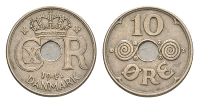 Фарерские острова 10 эре 1941 Кристиан X (1912-1947), датские территории KM 4 медно-никель 3711-1722