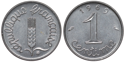 Франция 1 сантим 1969 пятая республика KM 928, Le Franc 106.18 нержавеющая сталь 4124-421