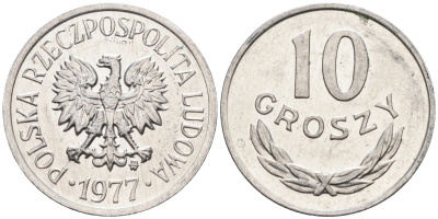 Польша 10 грошей 1977 MW, Народная Республика KM АА47, Parchimowicz 206p алюминий aUNC 4580-626
