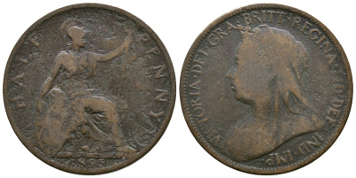 Великобритания 1/2 пенни 1895 Виктория (1837-1901) KM 789, Spink 3962 бронза 08-716