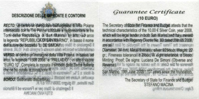 Сан-Марино 10 евро 2008 500 лет Андреа Палладио, в оригинальной коробке, сертификат KM 514 серебро PROOF 4-3-4-37