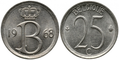 Бельгия 25 сантимов 1968 Belgique, Бодуэн I (1951-1993) KM 153.1 медно-никель 99-418