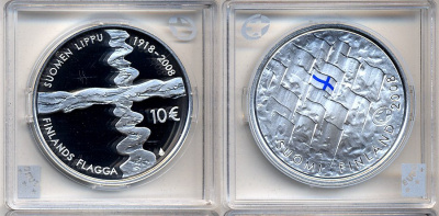 Финляндия 10 евро 2008 90 лет Финскому флагу, цветная эмаль KM 140 серебро  PROOF 5-3-1-44