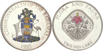 Багамские острова 2 доллара 1995 Флора и фауна, Гибискус, Екатерина II (1952-2022) KM 164 серебро, эмаль PROOF 4552-724