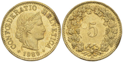 ШВЕЙЦАРИЯ 5 РАППЕНОВ 1989 KM 26с алюминий латунь 4549-144