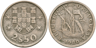 Португалия 2,5 эскудо 1980 парусник KM 590 медно-никель 08-1314
