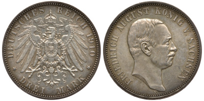 Саксония 3 марки 1910 E, Фридрих Август III (1904-1918) Weege 132, J. 135, KM 1267 серебро UNC 413-4115