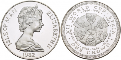 Остров Мэн 1 крона 1982 чемпионат мира по футболу в Испании, гербы КМ 92a серебро PROOF 1081-9-14