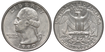 США 25 центов = квотер 1990 D, Вашингтон KM A164a медь плакированная медно-никелем 4543-1055