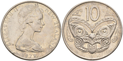 Новая Зеландия 10 центов 1979 Елизавета II (1952-2022), маска маори KM 41.1 медно-никель 4126-1226