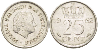 НИДЕРЛАНДЫ 25 ЦЕНТОВ 1962 ЮЛИАНА (1948-1980) KM 183 никель 214-936