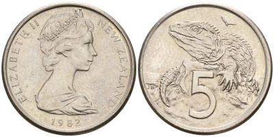 Новая Зеландия 5 центов 1982 ящерица гаттерия, Елизавета II (1952-) KM 34.1 медно-никель    4602-666