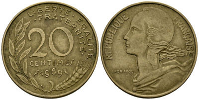 Франция 20 сантимов 1969 тип Marianne KM 930 медь алюминий никель 4135-557