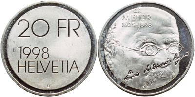 Швейцария 20 франков 1998 В, 100 лет со дня смерти Меера KM 84 серебро PROOF 1524-731