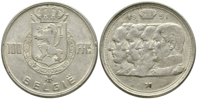 Бельгия 100 франков 1951 Belgie, королевская династия KM 139.1 серебро 1526-1314