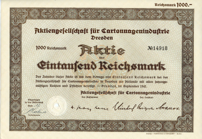 Германия 1000 рейхсмарок 1941 АО картонной промышленности, Дрезден, акция   бумага  8804-97-1