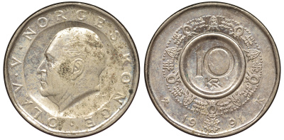 Норвегия 10 крон 1991 Улаф V (1957-1991) KM 427 медь цинк никель 25-2331