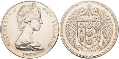 Новая Зеландия 1 доллар 1973 герб Новой Зеландии, Елизавета II (1952-2022) KM 38.2 медно-никель UNC 4552-1122